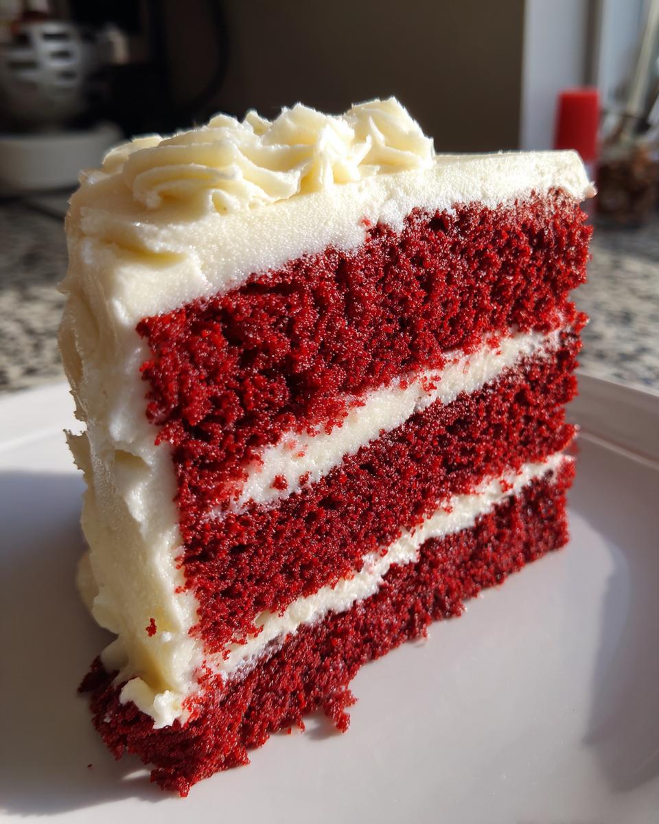 A decadent slice of three-layer red velvet cake with thick white cream cheese frosting layers.