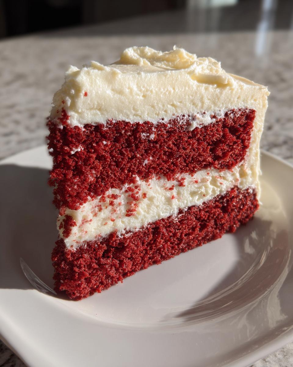 A tall, moist slice of red velvet cake showing two layers of deep red cake separated by thick white cream cheese frosting.