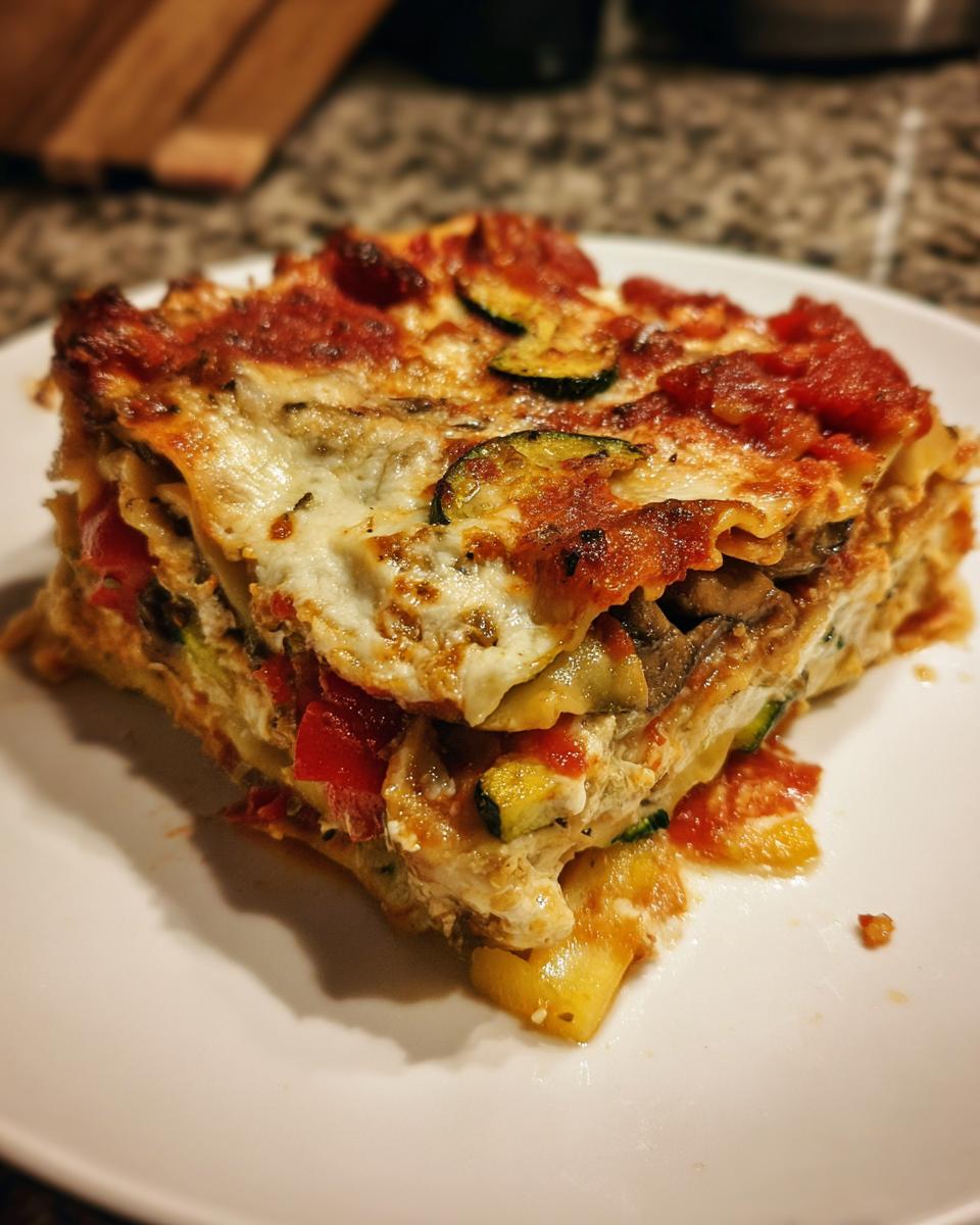A thick, layered slice of roasted vegetable lasagna featuring zucchini, peppers, cheese, and tomato sauce.