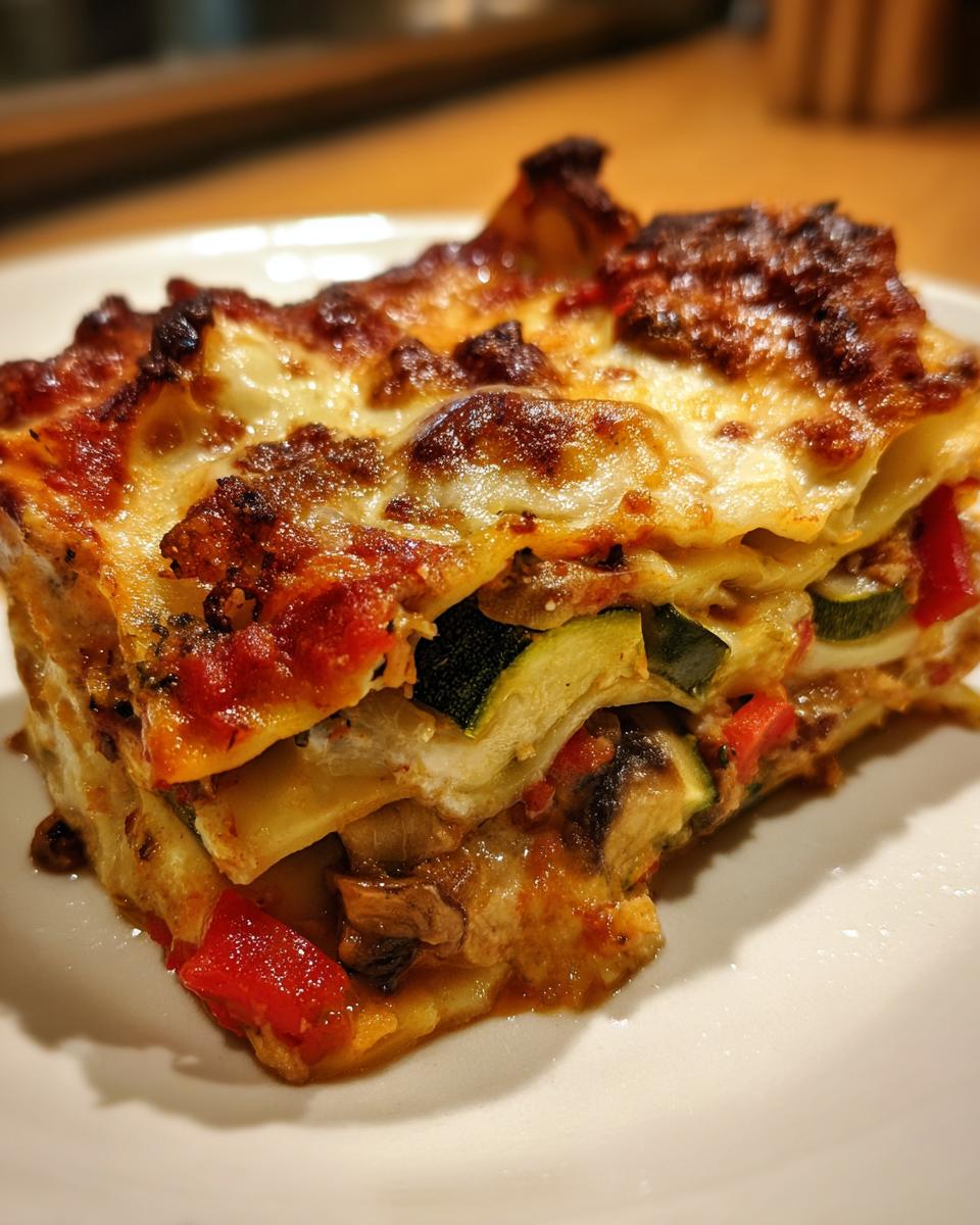 Close-up of a thick slice of roasted vegetable lasagna showing layers of pasta, zucchini, mushrooms, and a bubbly, browned cheese topping.