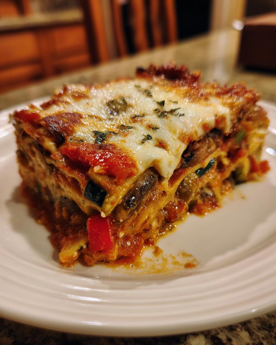 A generous slice of roasted vegetable lasagna showing multiple layers of vegetables, sauce, and melted cheese.