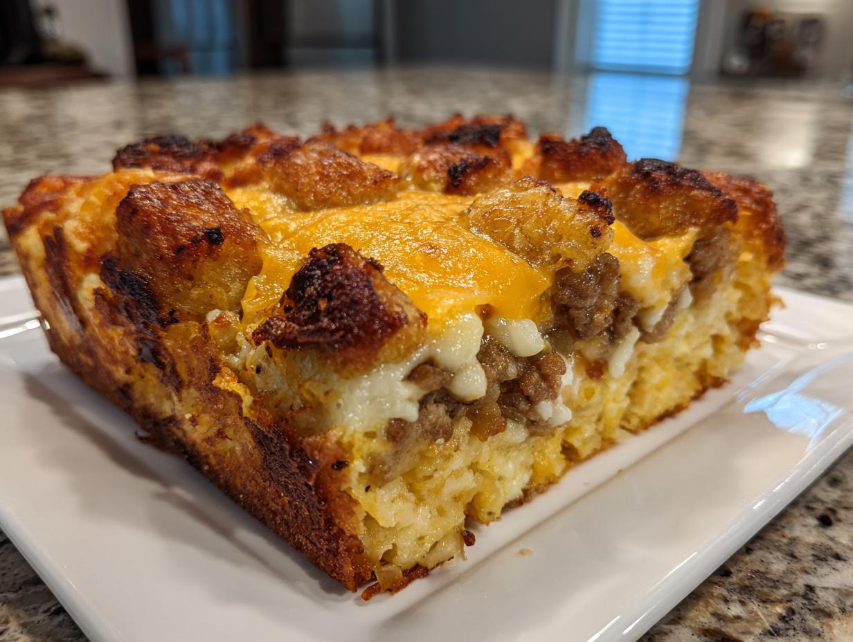 A close-up slice of tater tot breakfast casserole featuring crispy tots, sausage, eggs, and melted cheddar cheese.