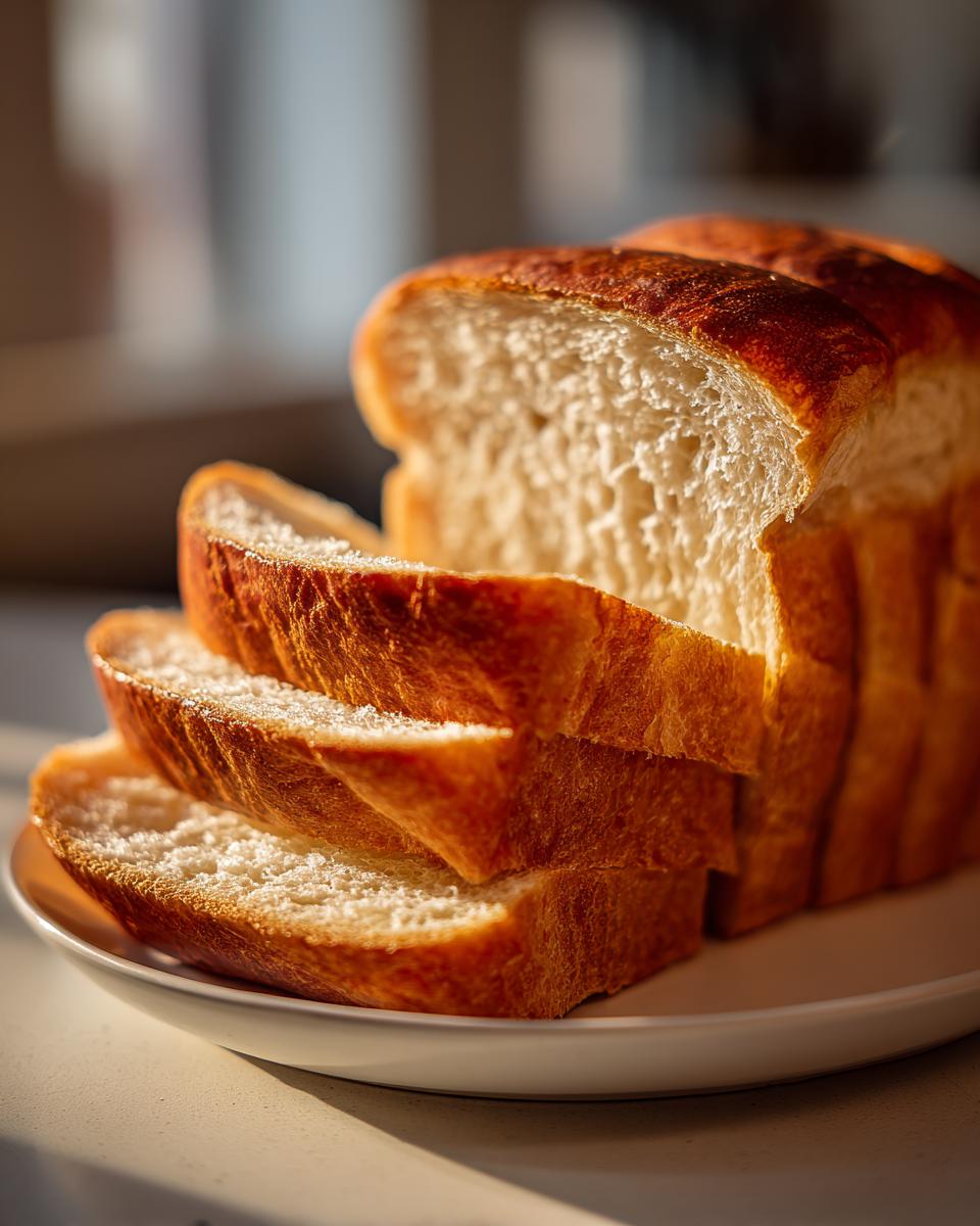 Close-up of a loaf of soft sourdough sandwich bread, sliced and stacked on a white plate.
