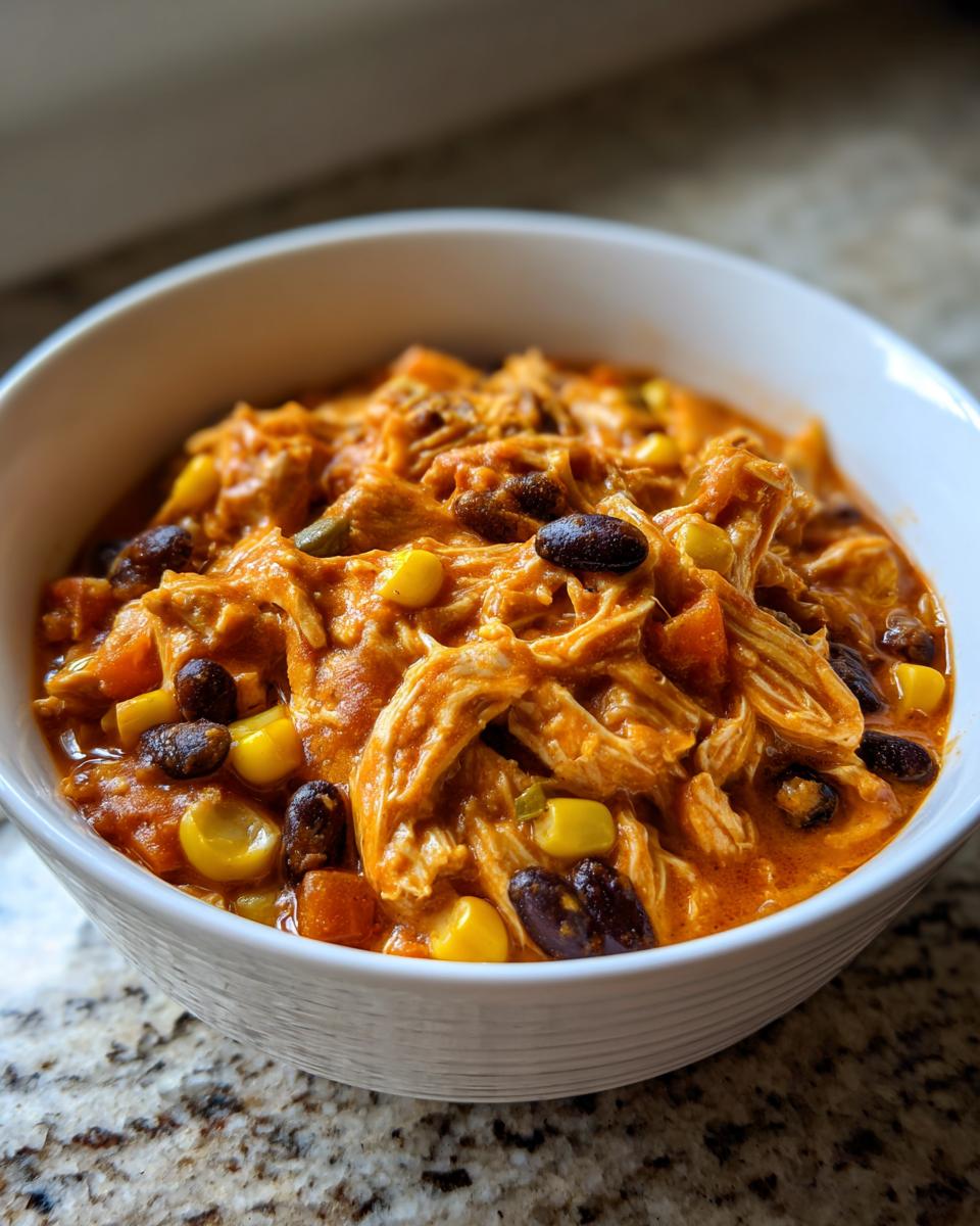 Close-up of a white bowl filled with creamy, shredded slow cooker buffalo chicken chili, featuring black beans and corn.