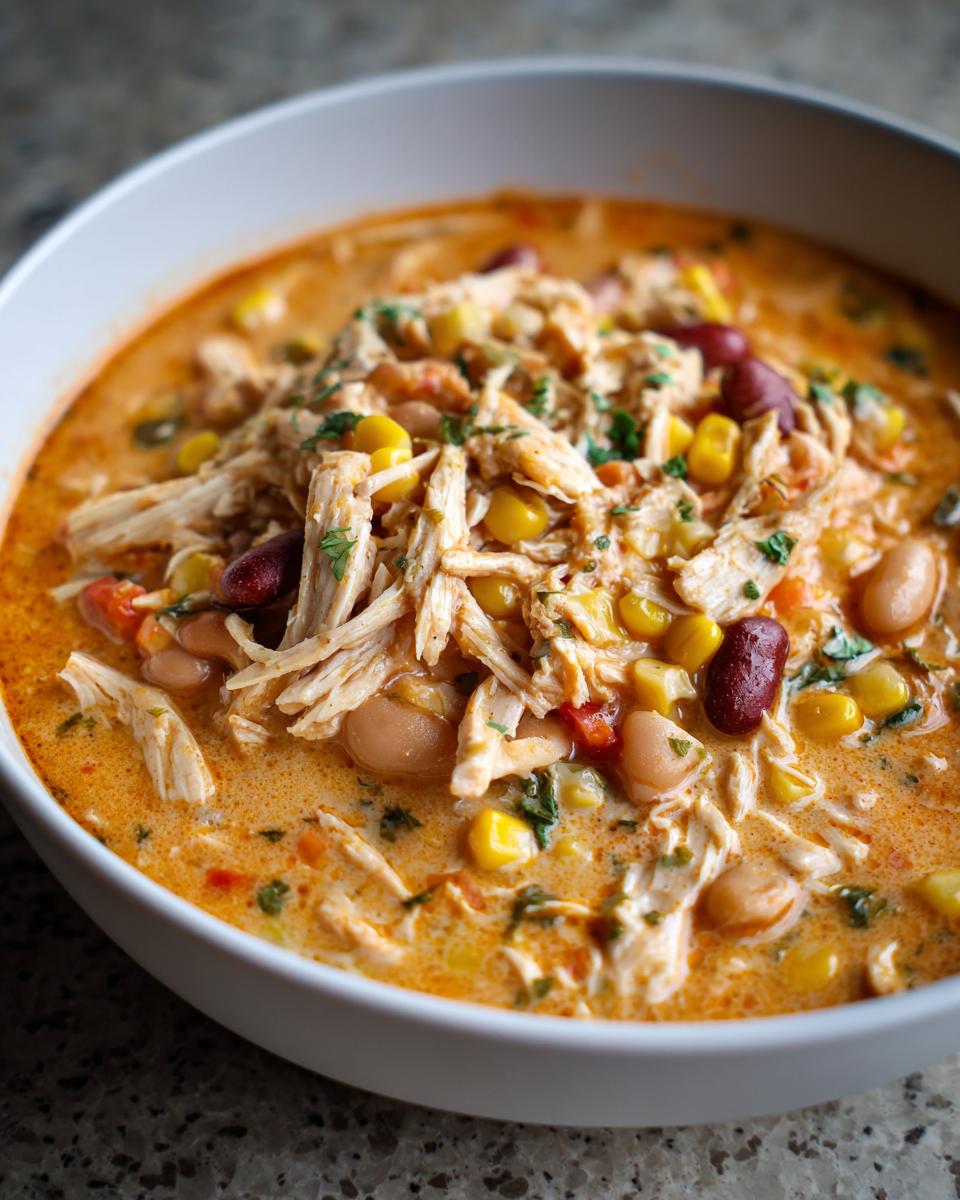 Close-up of a white bowl filled with creamy, orange-hued slow cooker buffalo chicken chili, topped with shredded chicken, corn, and beans.