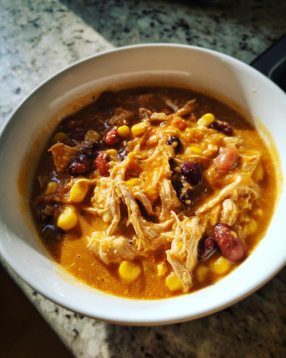 Close-up of a white bowl filled with shredded chicken, kidney beans, and corn in a creamy orange sauce, representing slow cooker buffalo chicken chili.