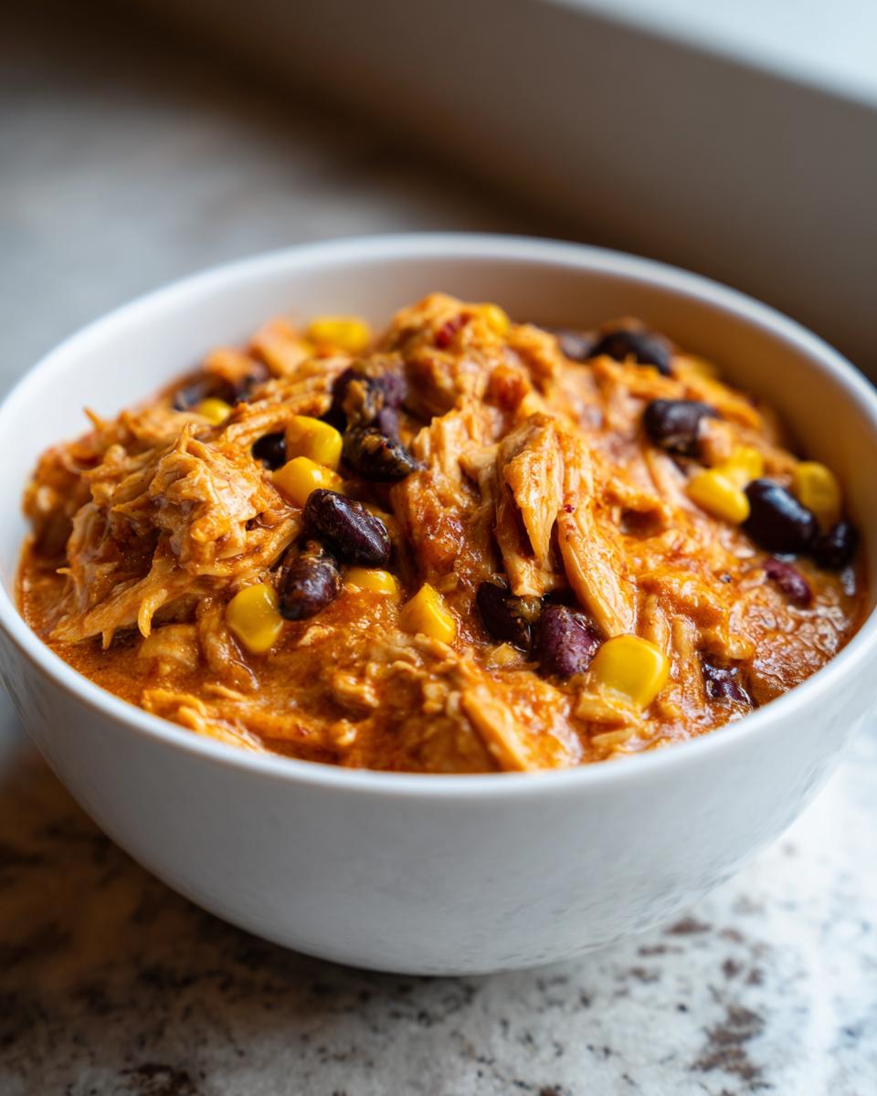 Close-up of shredded chicken in a rich sauce with black beans and corn, representing slow cooker buffalo chicken chili.