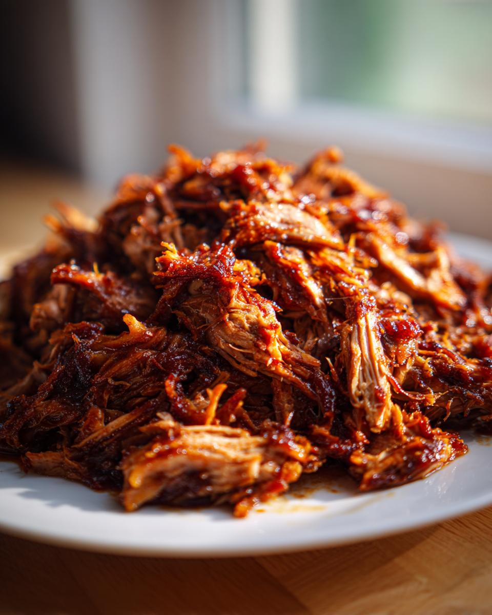 Close-up of a generous pile of saucy, shredded Slow Cooker Pulled Pork on a white plate.