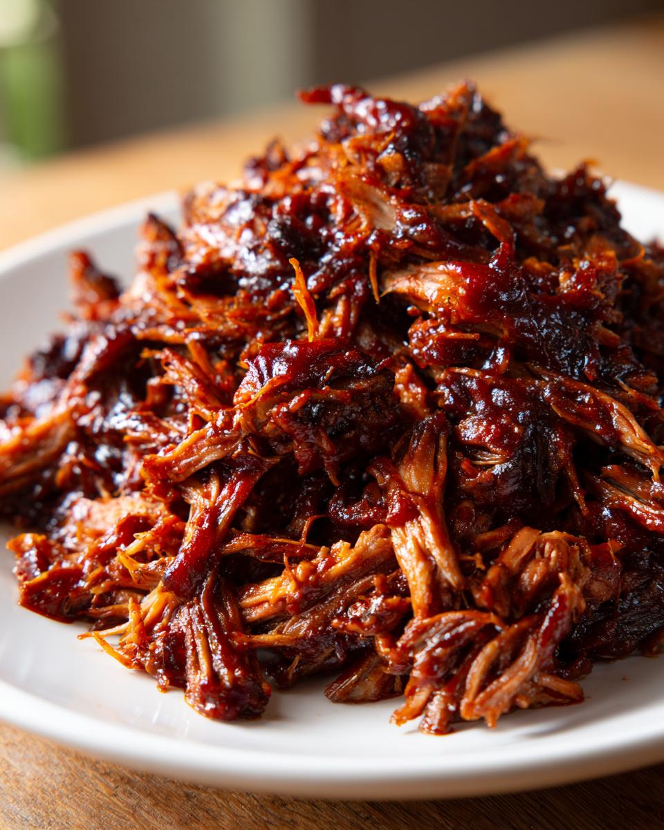 Close-up of tender, shredded Slow Cooker Pulled Pork coated in rich, dark barbecue sauce, piled high on a white plate.