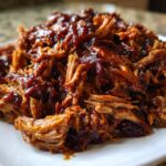 Close-up of tender, shredded Slow Cooker Pulled Pork coated in rich, dark BBQ sauce on a white plate.