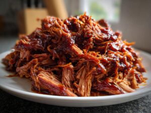 A close-up of tender, shredded Slow cooker pulled pork generously coated in barbecue sauce piled high on a white plate.