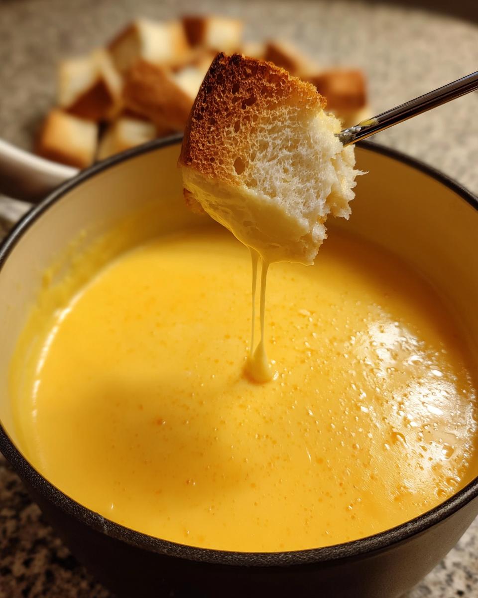 A piece of toasted bread dipped into a pot of smooth, melted cheese fondue, dripping slightly.