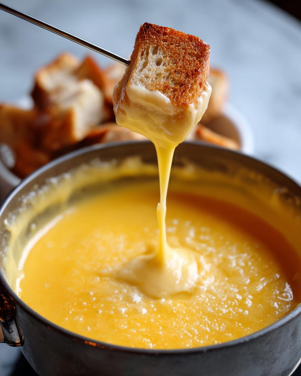 A piece of toasted bread is dipped into a pot of smooth, melted cheese fondue, dripping luxuriously.