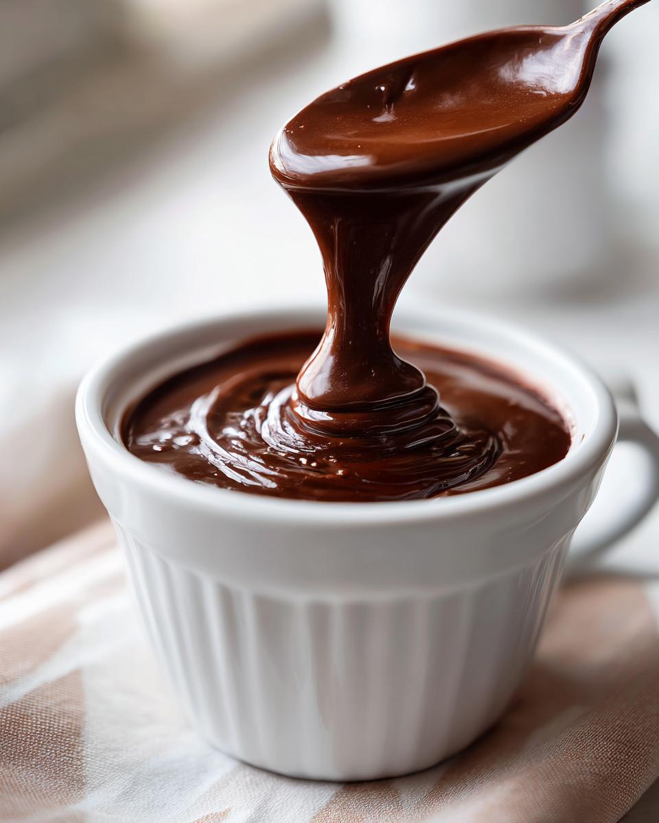 Thick, glossy chocolate fondue drips from a spoon back into a white ramekin.