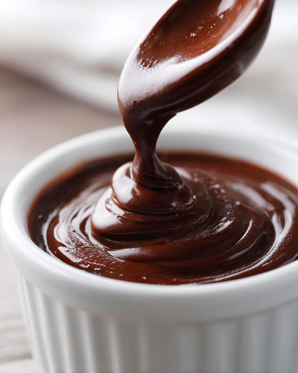 Close-up of thick, glossy chocolate fondue being drizzled from a spoon into a white ramekin.