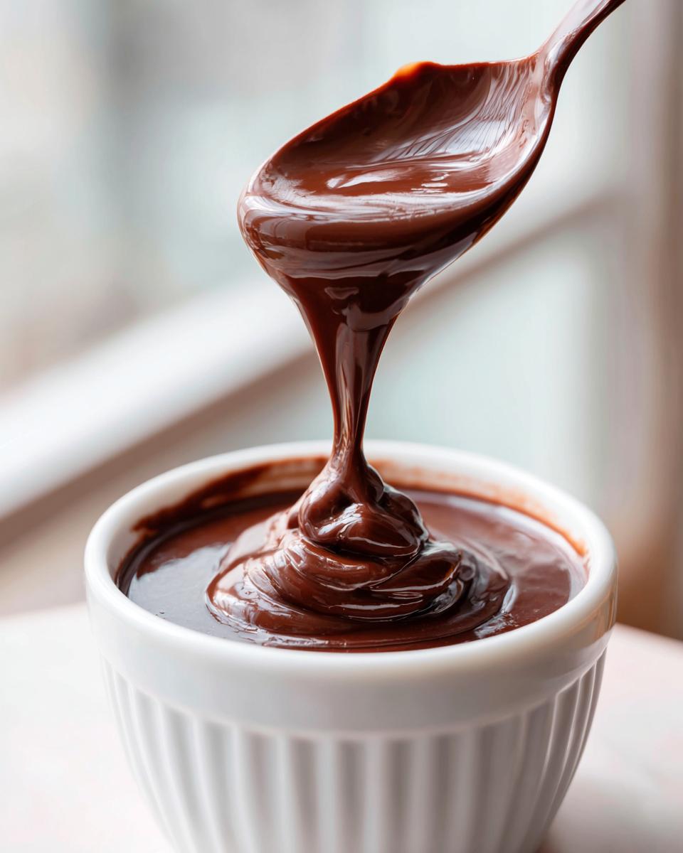 A spoonful of rich, glossy chocolate fondue is being drizzled back into a white bowl.
