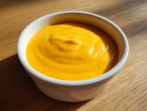 A small white bowl filled with smooth, vibrant orange nacho cheese sauce, sitting on a wooden surface.