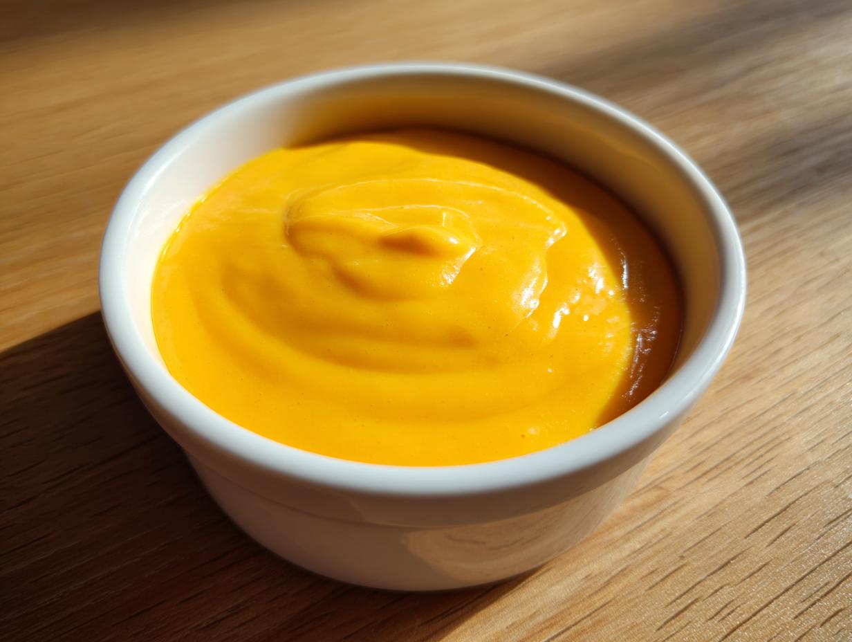 A small white bowl filled with smooth, vibrant orange nacho cheese sauce, sitting on a wooden surface.