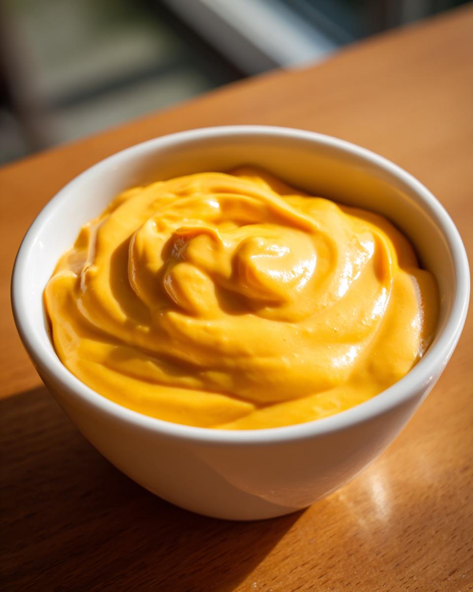 A close-up of a white bowl filled with bright orange, smooth nacho cheese sauce, sitting on a wooden surface.