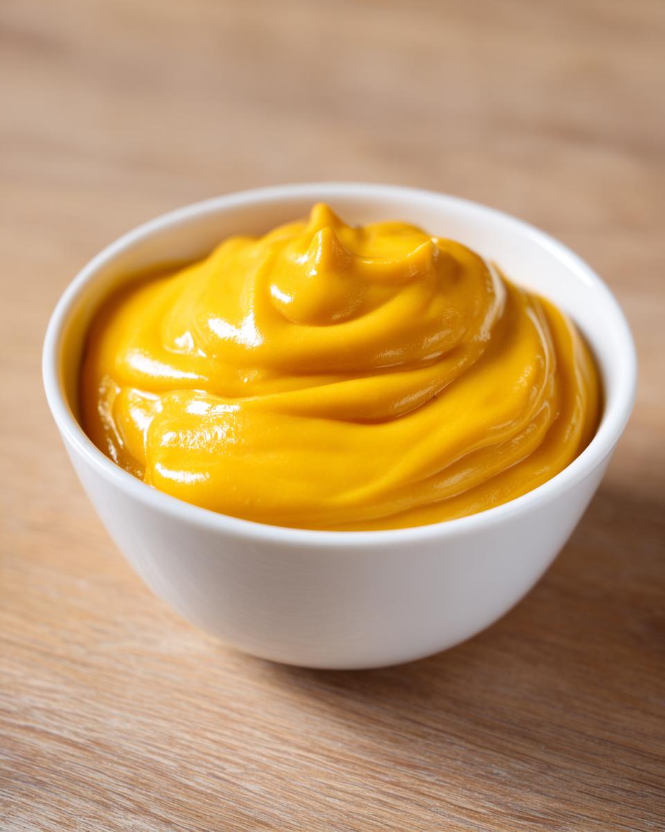 A close-up of rich, vibrant yellow nacho cheese sauce swirled in a small white bowl.