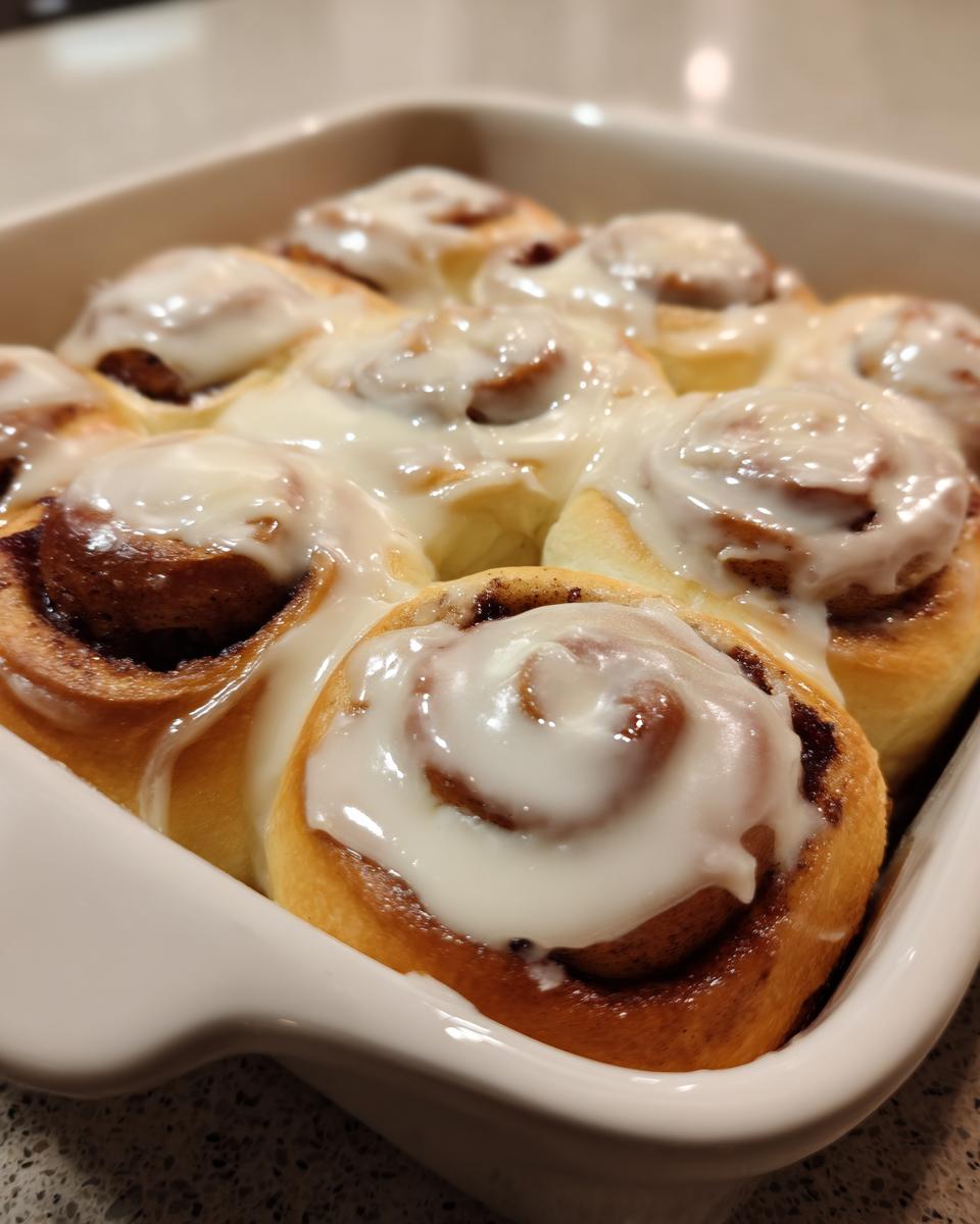 Close-up of gooey, soft cinnamon buns baked together in a white dish, generously topped with white icing.