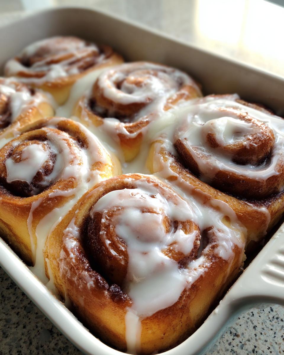 Close-up of soft, golden brown cinnamon buns generously topped with white icing in a light-colored baking dish.