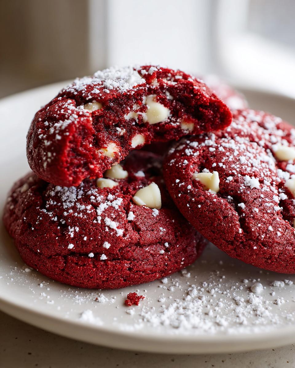 Close-up of soft red velvet cake mix cookies dusted with powdered sugar and filled with white chocolate chips.