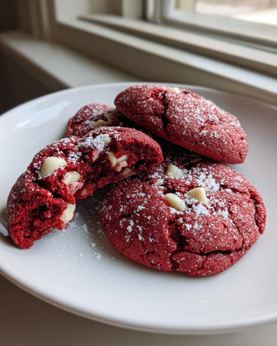 Close-up of soft, cracked red velvet cake mix cookies dusted with powdered sugar and filled with white chocolate chips.