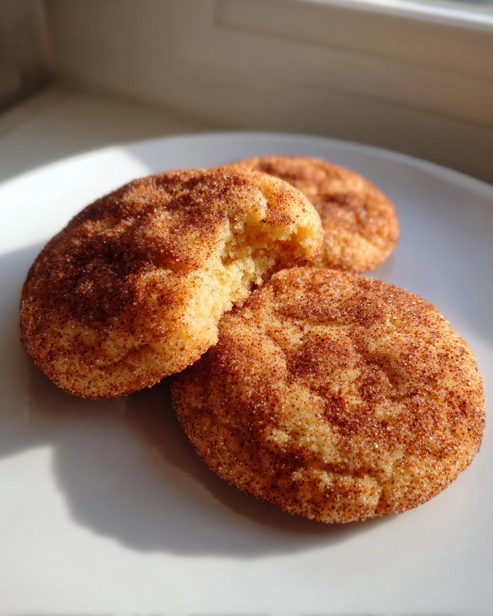 Three soft Snickerdoodle cookies dusted heavily with cinnamon sugar on a white plate, one has a bite taken out.