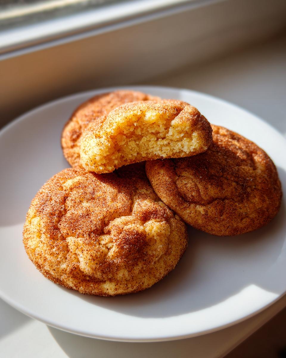 Close-up of three soft Snickerdoodle cookies on a white plate, one broken open showing the chewy interior.