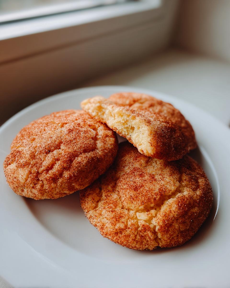 Three soft Snickerdoodle cookies dusted heavily with cinnamon sugar on a white plate.