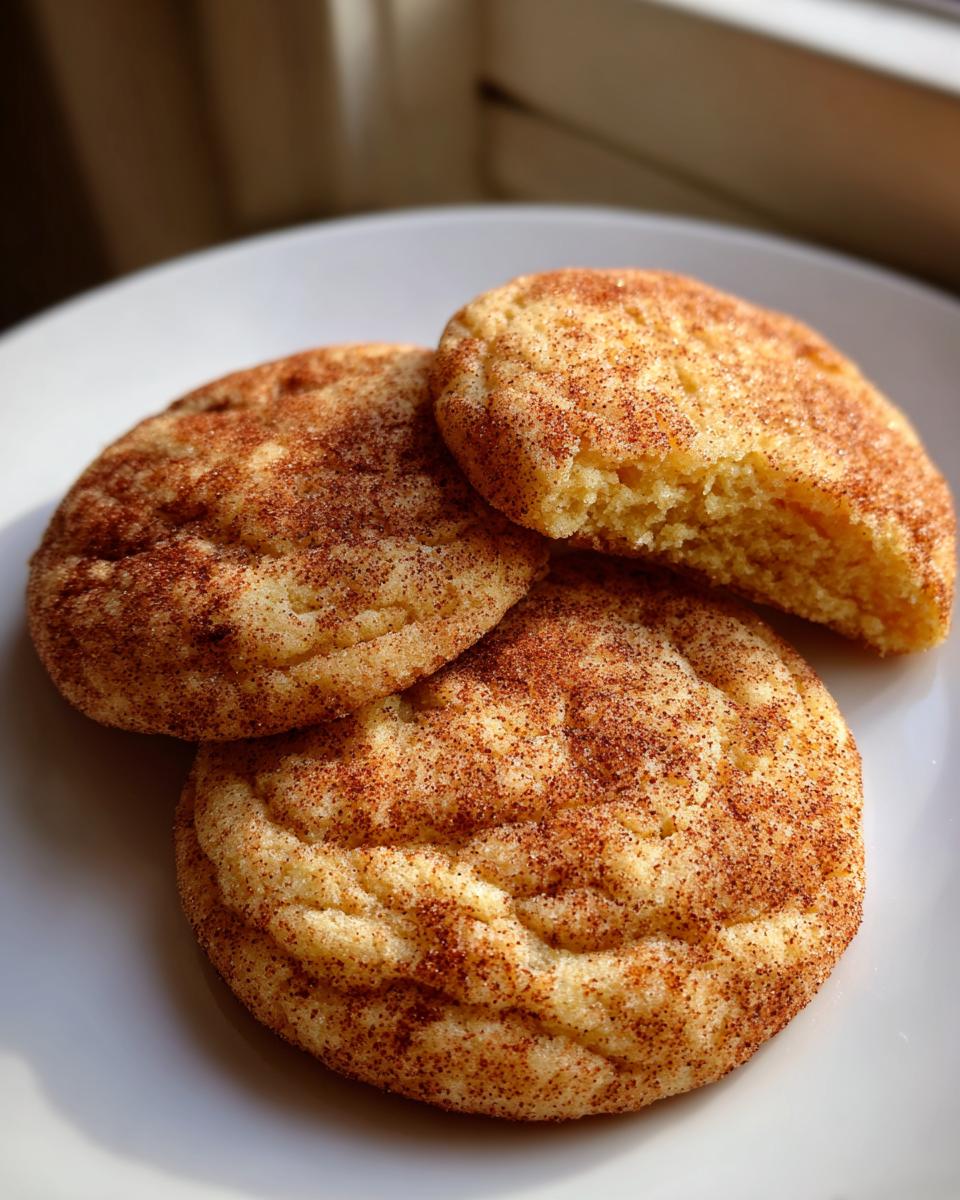 Three soft, chewy Snickerdoodle cookies generously coated in cinnamon sugar, one is broken open to show the texture.