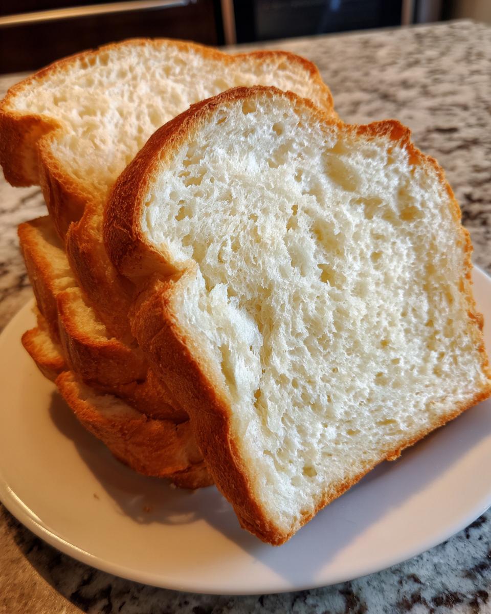 Close-up of several soft slices of sourdough sandwich bread stacked on a white plate.