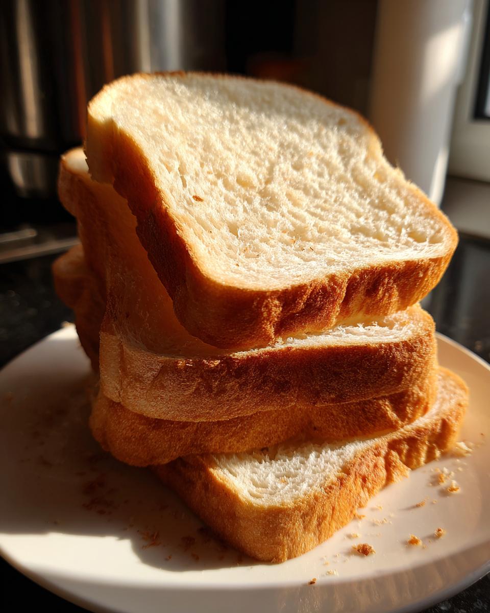 A stack of four soft slices of sourdough sandwich bread resting on a white plate, highlighted by warm sunlight.