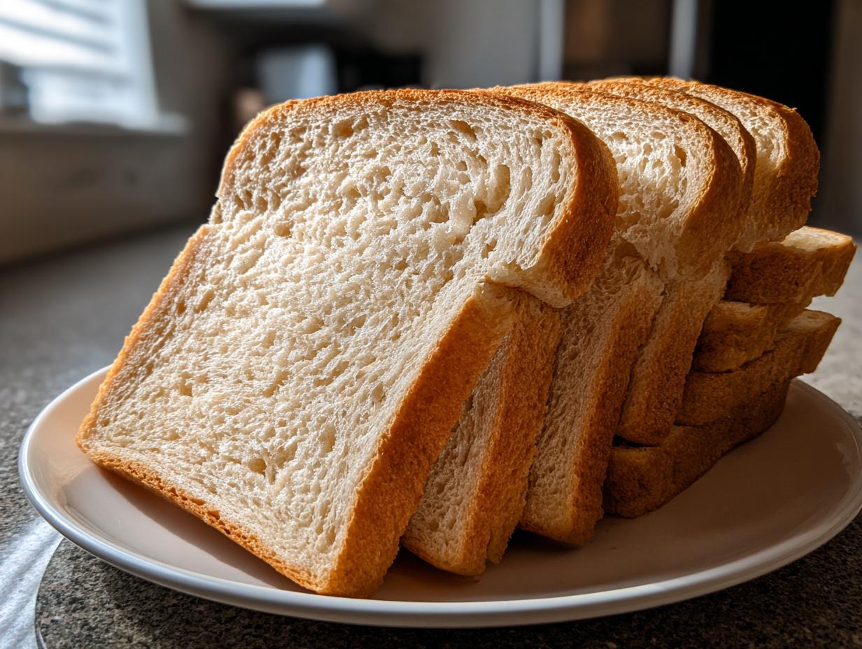 Stack of freshly sliced, soft sourdough sandwich bread showing a fine, even crumb texture.