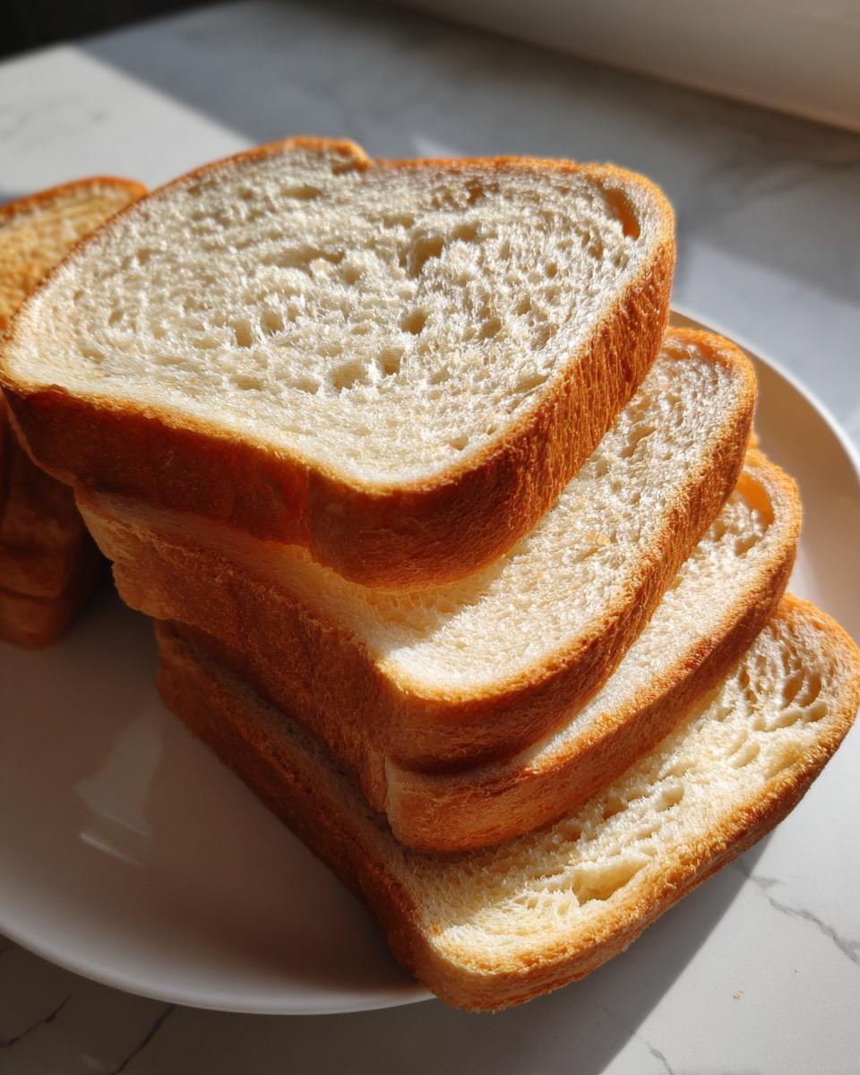 Close-up of several soft slices of sourdough sandwich bread stacked on a white plate.