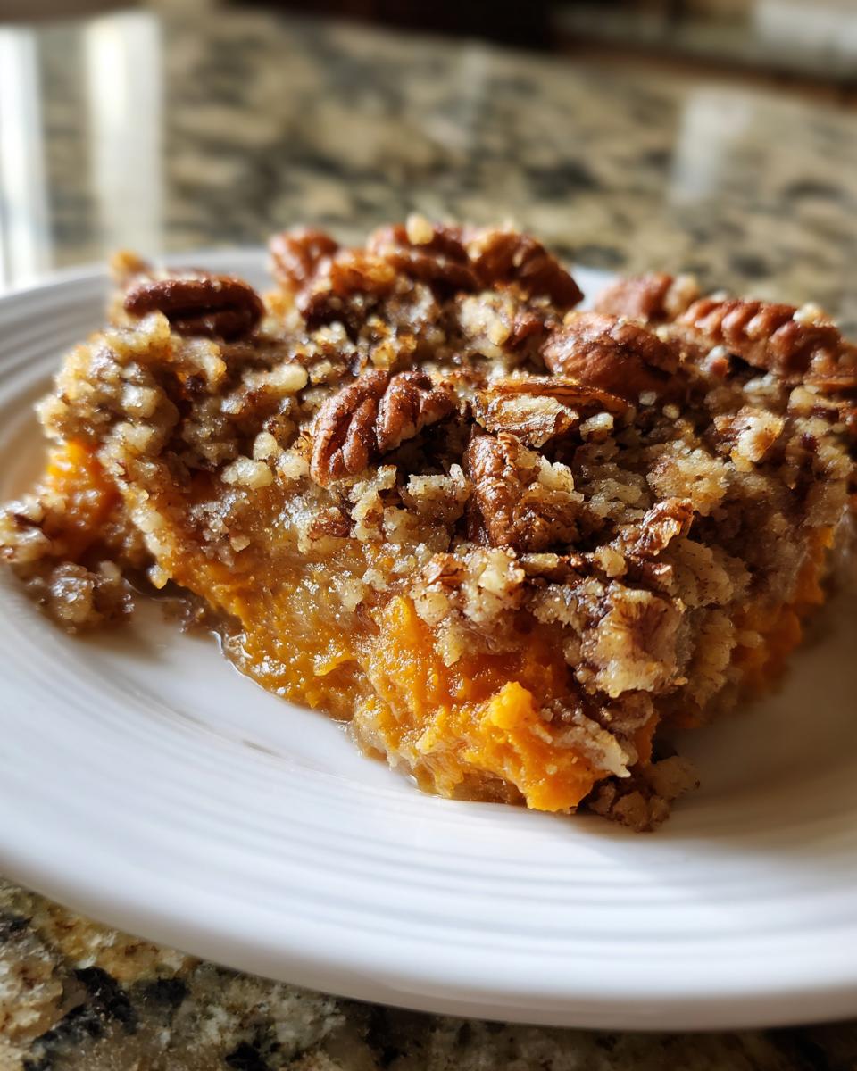 A close-up of a serving of southern sweet potato casserole topped with a brown sugar and pecan crumble.