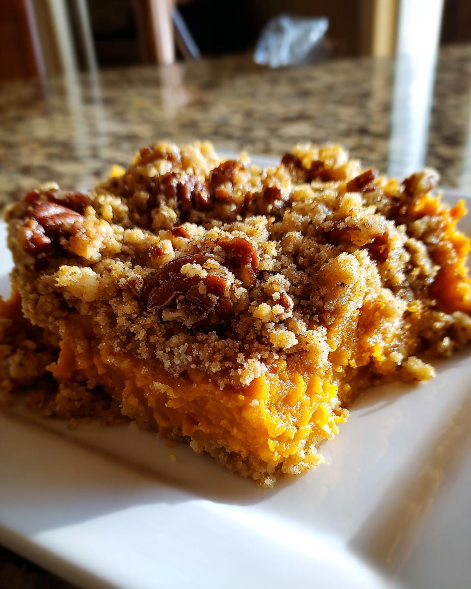 A close-up of a serving of southern sweet potato casserole topped with a crunchy pecan streusel.