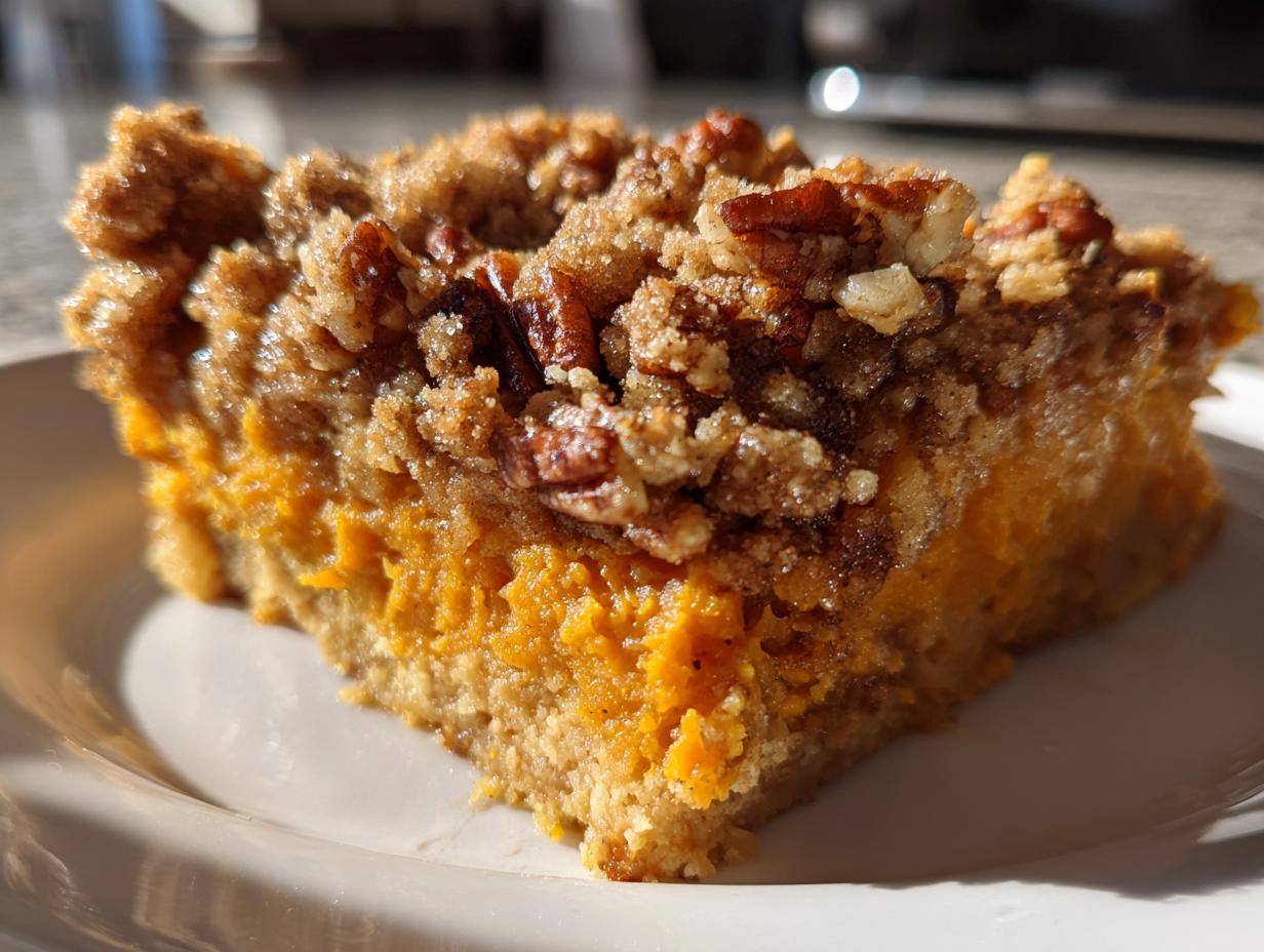 Close-up of a slice of southern sweet potato casserole topped with a crunchy pecan streusel.