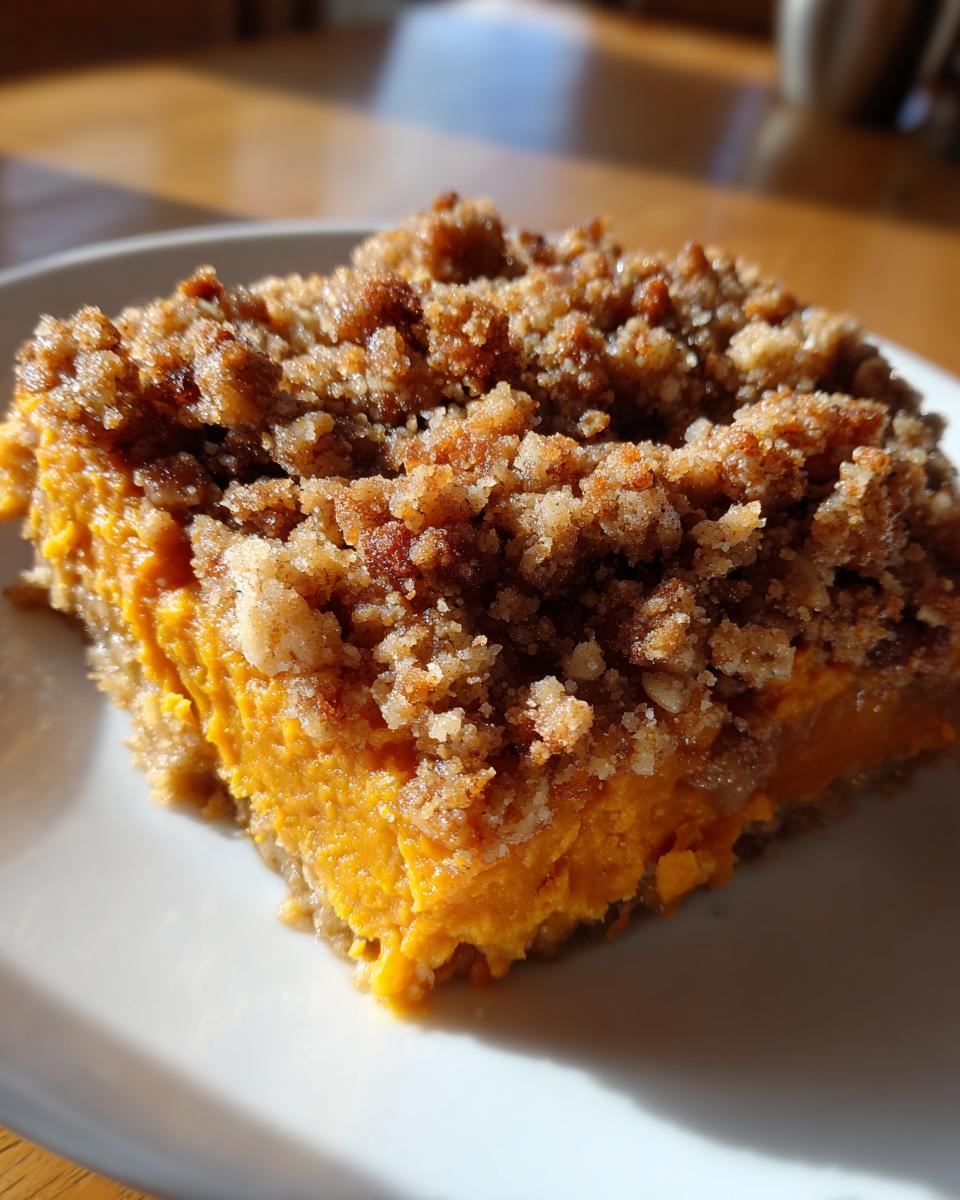 A close-up of a square slice of southern sweet potato casserole topped with a thick, crunchy pecan streusel topping.
