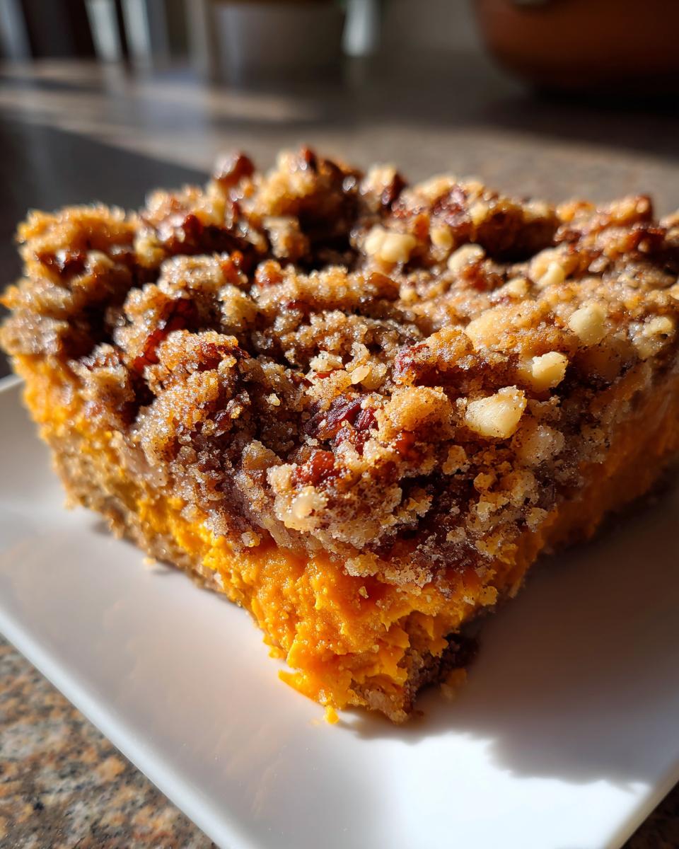 Close-up of a square slice of southern sweet potato casserole with a thick, crumbly pecan streusel topping.