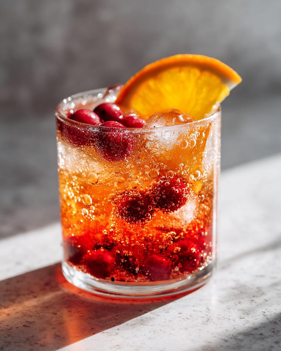 Close-up of a glass filled with sparkling, bubbly Thanksgiving punch garnished with fresh cranberries and an orange slice.