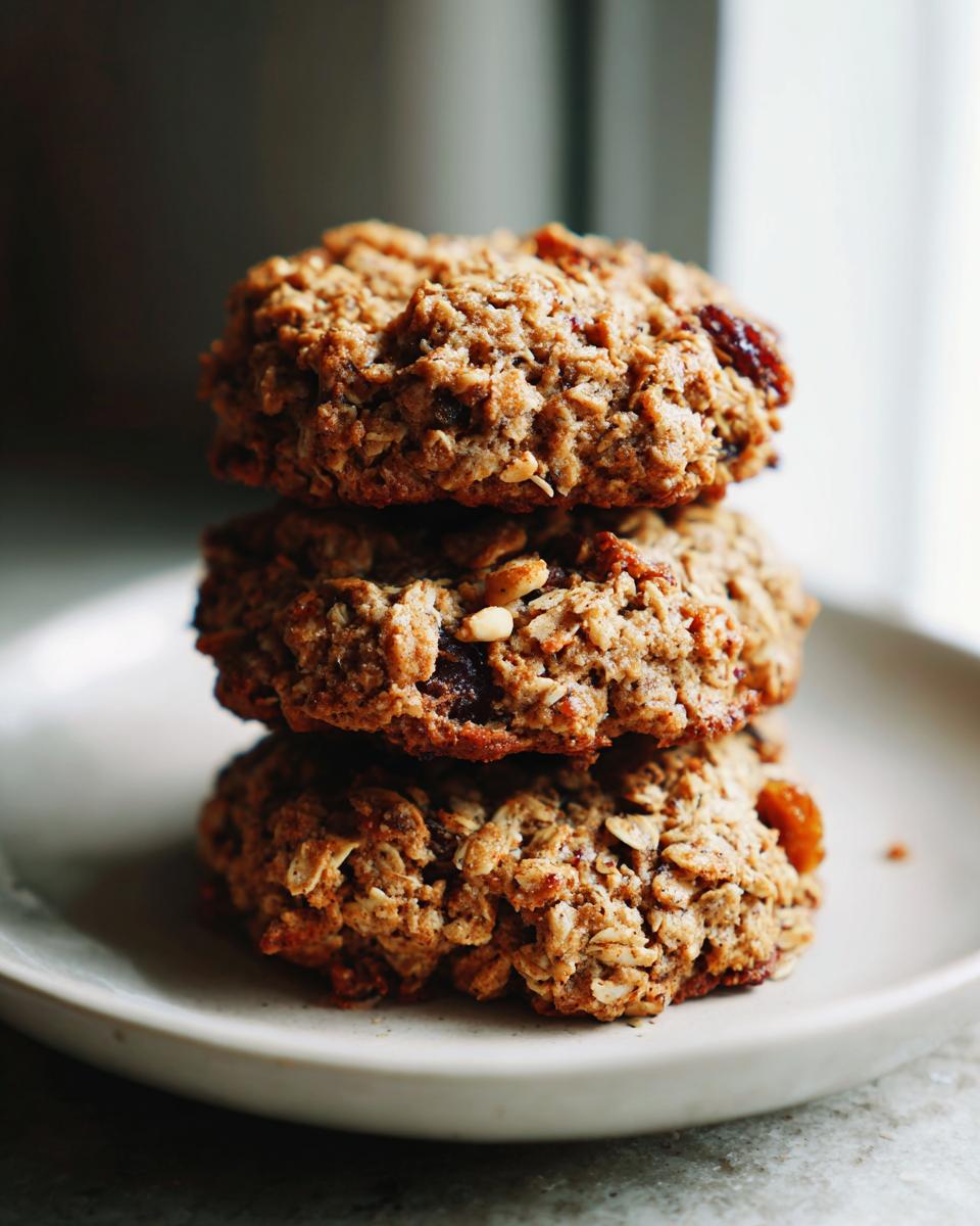 A stack of three textured, oatmeal-based breakfast cookie treats resting on a light ceramic plate.