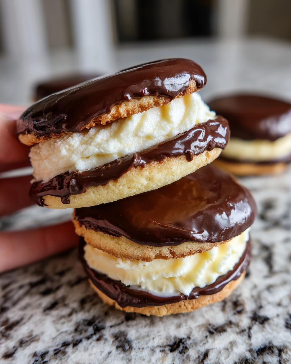 Two stacked boston cream pie cookies filled with vanilla cream and topped with glossy chocolate ganache.