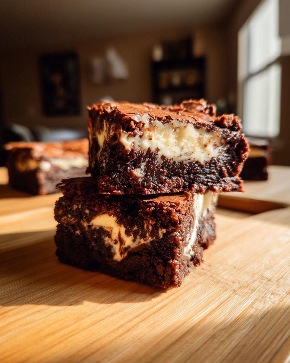 Two stacked, fudgy cream cheese brownies showing a rich chocolate base and a creamy white swirl filling.