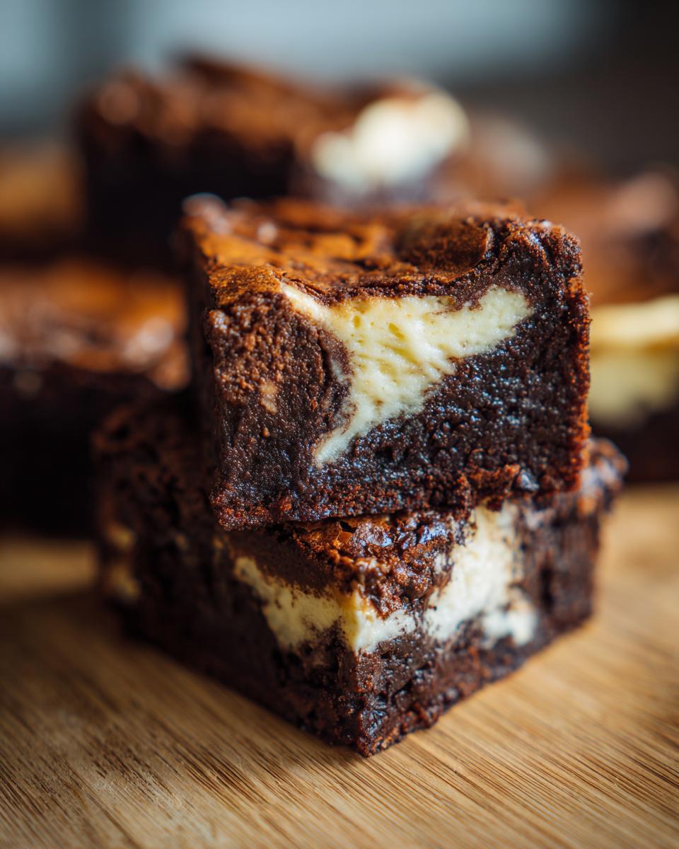 Close-up of two stacked, fudgy cream cheese brownies with rich chocolate swirl.