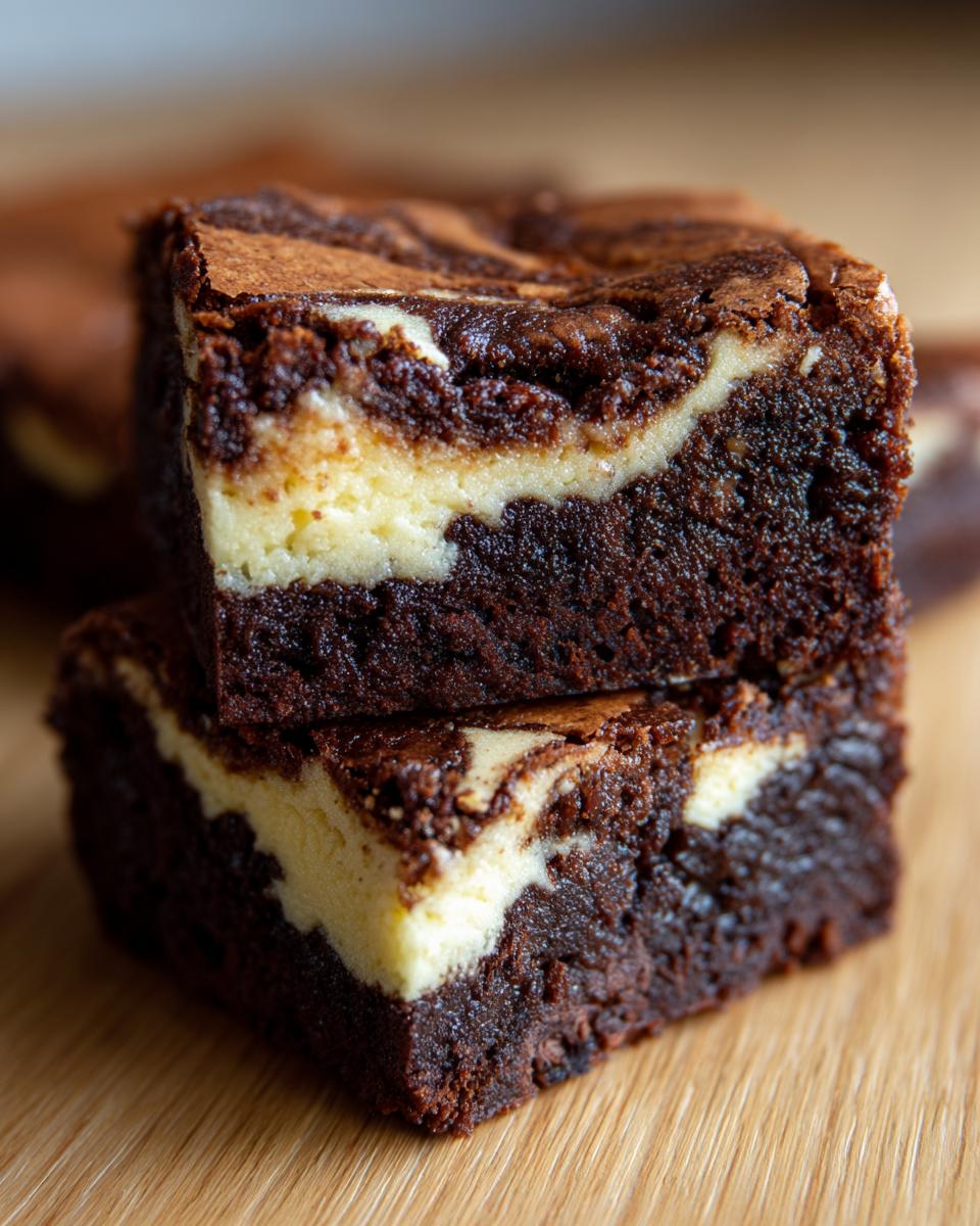 Two stacked, fudgy cream cheese brownies showing a rich chocolate base and a creamy white swirl layer.