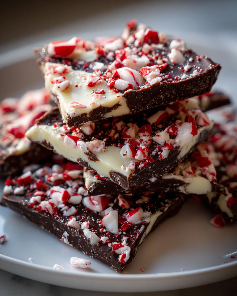 A stack of rich dark and white chocolate peppermint bark pieces topped with crushed candy canes.