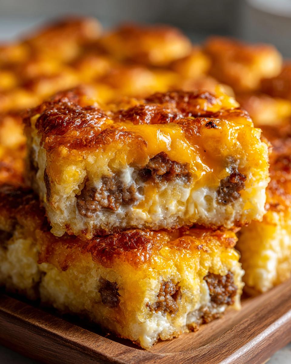Two stacked squares of baked tater tot breakfast casserole showing a cheesy, browned top and a sausage filling.