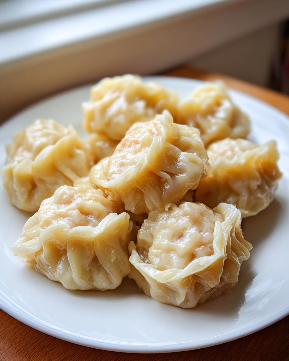 Close-up of several freshly steamed Traditional Chinese Dumplings (Siu Mai style) arranged on a white plate.